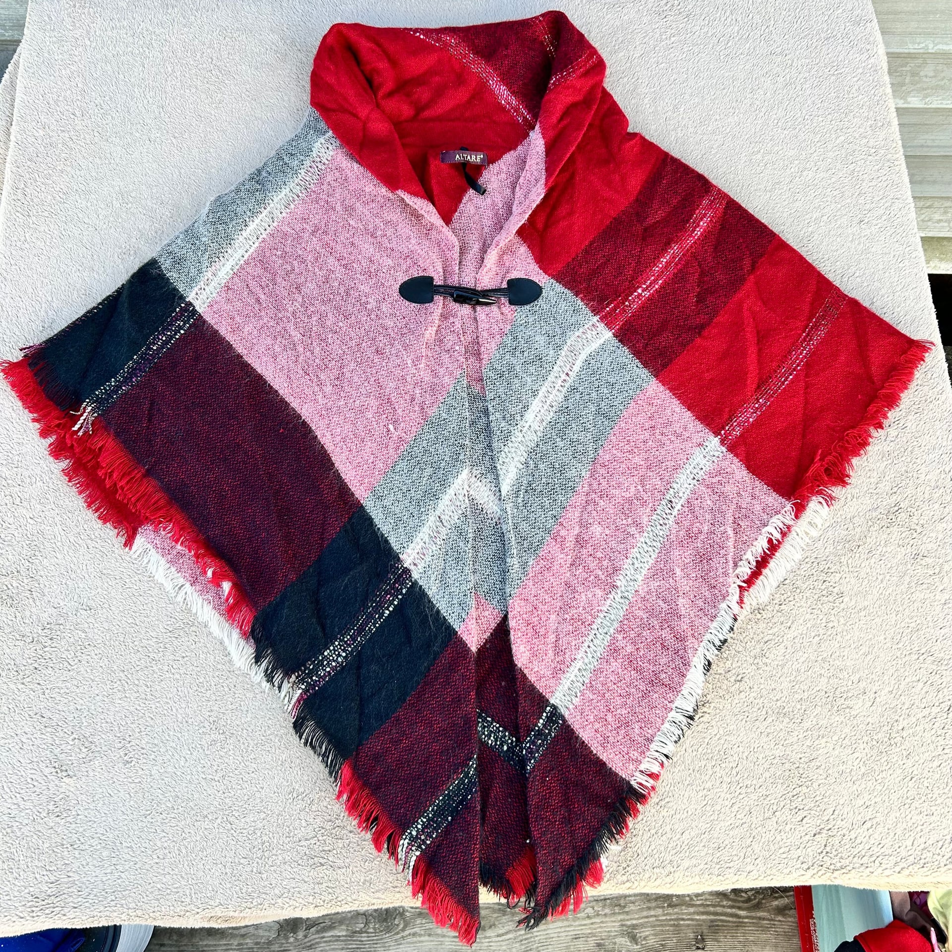 Red Plaid Turtleneck Fringe Trim Poncho